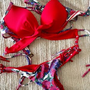 Red Unwire Push-up Bikini Set, wrap tie waist, floral side tie bottoms